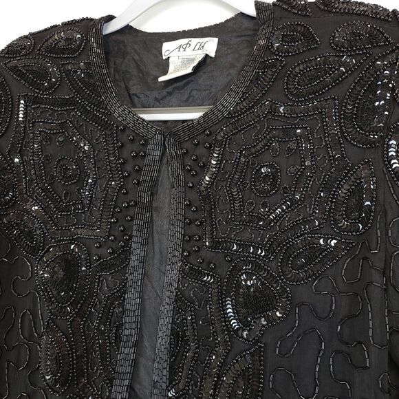 Silk Open Jacket Beaded Sequin AP Ltd Women M Black Evening Cocktail Festive Vtg - Picture 13 of 16